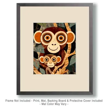 Wide Eyed Monkey Baby  with Mom - Animal Mothers & Babies Wall Art Prints – 8″x10″ Artwork for 11″x14″ Frame