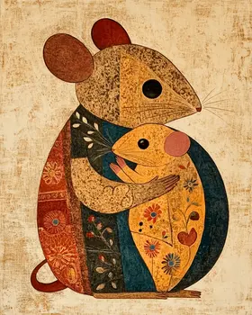BOHO Mouse Baby with Mom - Animal Mothers & Babies Wall Art Prints – 8″x10″ Artwork for 11″x14″ Frame