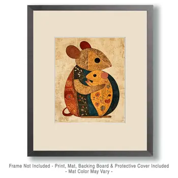 BOHO Mouse Baby with Mom - Animal Mothers & Babies Wall Art Prints – 8″x10″ Artwork for 11″x14″ Frame