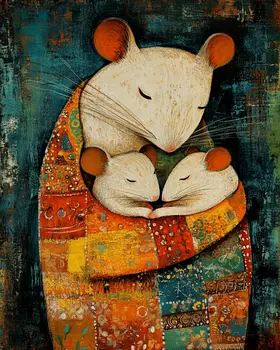 BOHO Mouse Mom with Babies - Animal Mothers & Babies Wall Art Prints – 8″x10″ Artwork for 11″x14″ Frame