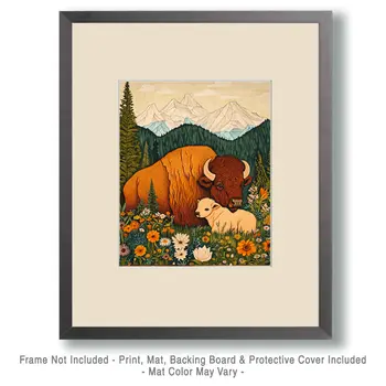 Bison and Baby - Animal Mothers & Babies Wall Art Prints – 8″x10″ Artwork for 11″x14″ Frame