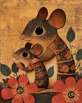 Vintage Style Mouse Baby with Mother - Animal Mothers & Babies Wall Art Prints – 8″x10″ Artwork for 11″x14″ Frame