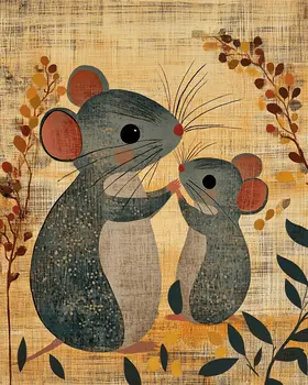 Antique Style Mouse Baby with Mom - Animal Mothers & Babies Wall Art Prints – 8″x10″ Artwork for 11″x14″ Frame