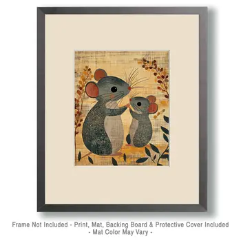 Antique Style Mouse Baby with Mom - Animal Mothers & Babies Wall Art Prints – 8″x10″ Artwork for 11″x14″ Frame