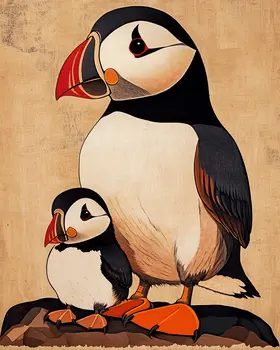 Puffin Baby with Mom - Animal Mothers & Babies Wall Art Prints – 8″x10″ Artwork for 11″x14″ Frame