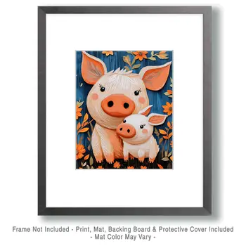 Pig Mother with Piglet - Animal Mothers & Babies Wall Art Prints – 8″x10″ Artwork for 11″x14″ Frame
