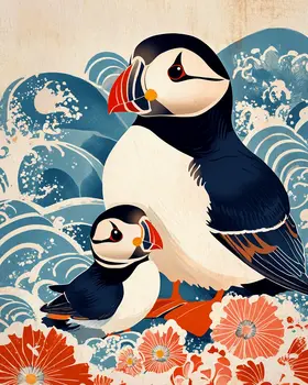 Puffin Baby and Mother - Animal Mothers & Babies Wall Art Prints – 8″x10″ Artwork for 11″x14″ Frame