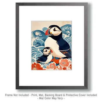 Puffin Baby and Mother - Animal Mothers & Babies Wall Art Prints – 8″x10″ Artwork for 11″x14″ Frame