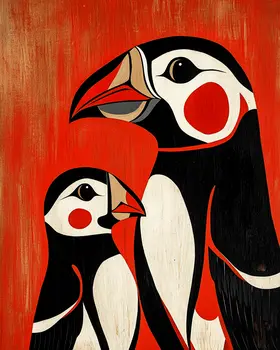 Folk Art Puffin Baby and Mother - Animal Mothers & Babies Wall Art Prints – 8″x10″ Artwork for 11″x14″ Frame
