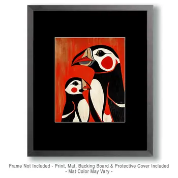 Folk Art Puffin Baby and Mother - Animal Mothers & Babies Wall Art Prints – 8″x10″ Artwork for 11″x14″ Frame