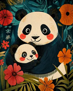 Happy Panda Baby and Mom - Animal Mothers & Babies Wall Art Prints – 8″x10″ Artwork for 11″x14″ Frame