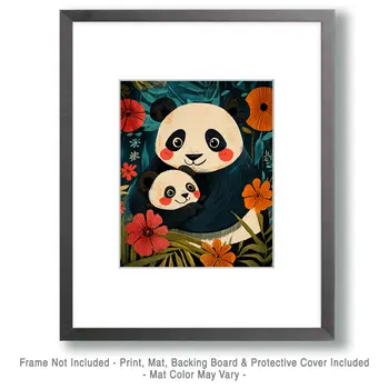 Happy Panda Baby and Mom - Animal Mothers & Babies Wall Art Prints – 8″x10″ Artwork for 11″x14″ Frame