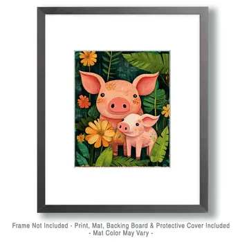 Happy Piglet with Mom - Animal Mothers & Babies Wall Art Prints – 8″x10″ Artwork for 11″x14″ Frame