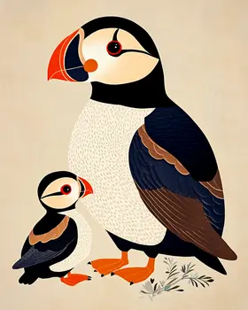 Minimalist Puffin Baby with Mom - Animal Mothers & Babies Wall Art Prints – 8″x10″ Artwork for 11″x14″ Frame