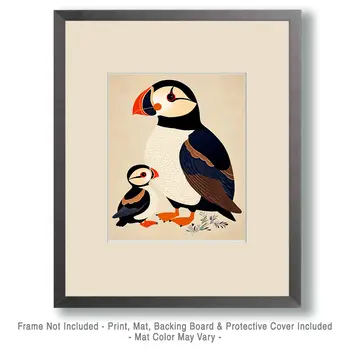 Minimalist Puffin Baby with Mom - Animal Mothers & Babies Wall Art Prints – 8″x10″ Artwork for 11″x14″ Frame