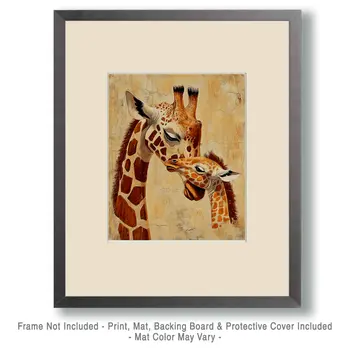 Giraffe Baby with Mom - Animal Mothers & Babies Wall Art Prints – 8″x10″ Artwork for 11″x14″ Frame