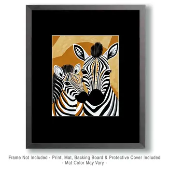 Stylized Zebra Baby with Mom - Animal Mothers & Babies Wall Art Prints – 8″x10″ Artwork for 11″x14″ Frame