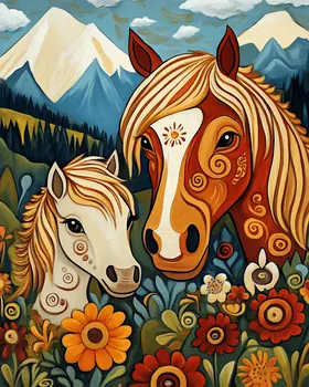 Stylized Colt with Mom - Animal Mothers & Babies Wall Art Prints – 8″x10″ Artwork for 11″x14″ Frame