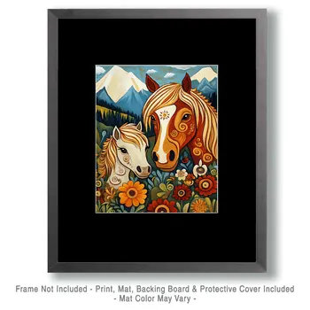 Stylized Colt with Mom - Animal Mothers & Babies Wall Art Prints – 8″x10″ Artwork for 11″x14″ Frame