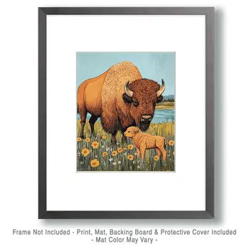 Buffalo and Baby - Animal Mothers & Babies Wall Art Prints – 8″x10″ Artwork for 11″x14″ Frame