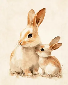 Bunny Mom and Baby - Animal Mothers & Babies Wall Art Prints – 8″x10″ Artwork for 11″x14″ Frame