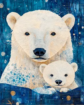 Nightime Polar Bear Cub with Mom - Animal Mothers & Babies Wall Art Prints – 8″x10″ Artwork for 11″x14″ Frame