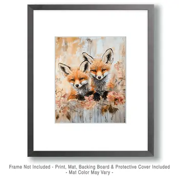 Fox Kit with Mom - Animal Mothers & Babies Wall Art Prints – 8″x10″ Artwork for 11″x14″ Frame