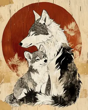 Wolf Cub with Mom - Animal Mothers & Babies Wall Art Prints – 8″x10″ Artwork for 11″x14″ Frame