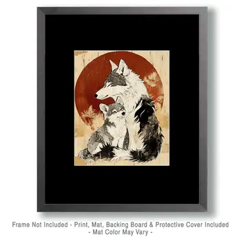 Wolf Cub with Mom - Animal Mothers & Babies Wall Art Prints – 8″x10″ Artwork for 11″x14″ Frame