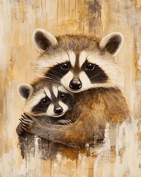 Raccoon Kit with Mom - Animal Mothers & Babies Wall Art Prints – 8″x10″ Artwork for 11″x14″ Frame