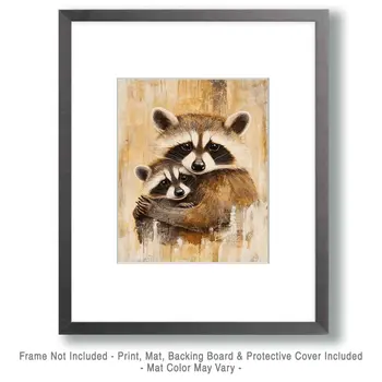 Raccoon Kit with Mom - Animal Mothers & Babies Wall Art Prints – 8″x10″ Artwork for 11″x14″ Frame