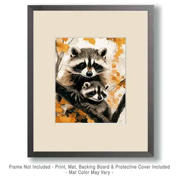 Raccoon Baby with Mom - Animal Mothers & Babies Wall Art Prints – 8″x10″ Artwork for 11″x14″ Frame