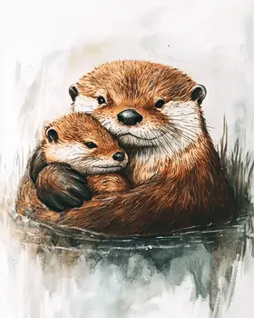 Otter Mom Holding Her Kit - Animal Mothers & Babies Wall Art Prints – 8″x10″ Artwork for 11″x14″ Frame