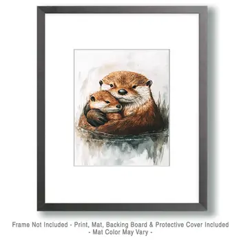 Otter Mom Holding Her Kit - Animal Mothers & Babies Wall Art Prints – 8″x10″ Artwork for 11″x14″ Frame