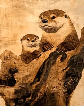 Vintage Style Otter Kit with Mom - Animal Mothers & Babies Wall Art Prints – 8″x10″ Artwork for 11″x14″ Frame
