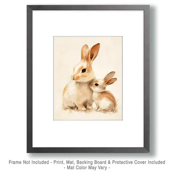 Bunny Mom and Baby - Animal Mothers & Babies Wall Art Prints – 8″x10″ Artwork for 11″x14″ Frame
