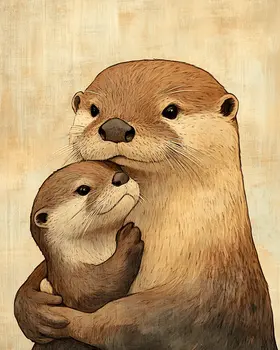 Otter Kit with Mom - Animal Mothers & Babies Wall Art Prints – 8″x10″ Artwork for 11″x14″ Frame