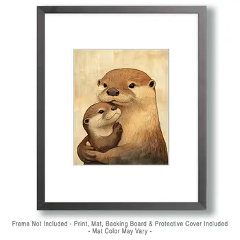 Otter Kit with Mom - Animal Mothers & Babies Wall Art Prints – 8″x10″ Artwork for 11″x14″ Frame