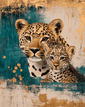 Vintage Style Leopard Cub with Mom - Animal Mothers & Babies Wall Art Prints – 8″x10″ Artwork for 11″x14″ Frame