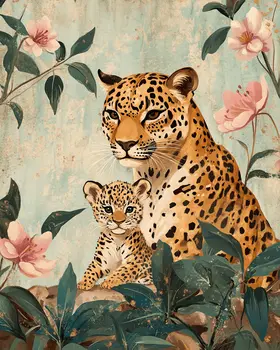 Leopard Cub with Mom - Animal Mothers & Babies Wall Art Prints – 8″x10″ Artwork for 11″x14″ Frame