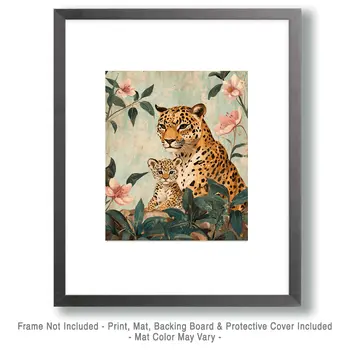 Leopard Cub with Mom - Animal Mothers & Babies Wall Art Prints – 8″x10″ Artwork for 11″x14″ Frame