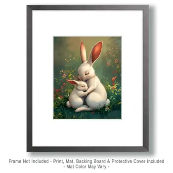 Bunny Mother Holding Baby - Animal Mothers & Babies Wall Art Prints – 8″x10″ Artwork for 11″x14″ Frame