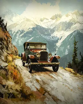 Vintage Auto on Mountain Road - Western and Southwestern Home Decor Wall Art Prints – 8″x10″ Artwork – 11″x14″ Matte