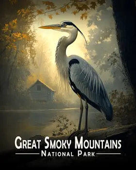 Heron & Cabin - Great Smoky Mountains Souvenir Art Prints - 8"x10" Artwork for 11"x14" Frame