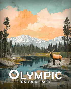 Vintage Bull Elk Scene - Olympic Souvenir Art Prints - 8"x10" Artwork for 11"x14" Frame
