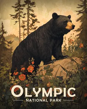 Antique Style Black Bear - Olympic Souvenir Art Prints - 8"x10" Artwork for 11"x14" Frame