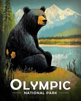 Folk Art Black Bear by Lake - Olympic Souvenir Art Prints - 8"x10" Artwork for 11"x14" Frame