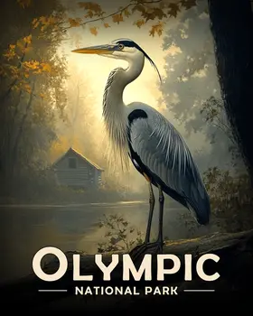 Heron and Cabin - Olympic Souvenir Art Prints - 8"x10" Artwork for 11"x14" Frame