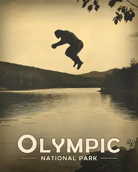Bigfoot Jumping in Lake - Olympic Souvenir Art Prints - 8"x10" Artwork for 11"x14" Frame