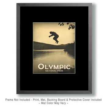 Bigfoot Jumping in Lake - Olympic Souvenir Art Prints - 8"x10" Artwork for 11"x14" Frame